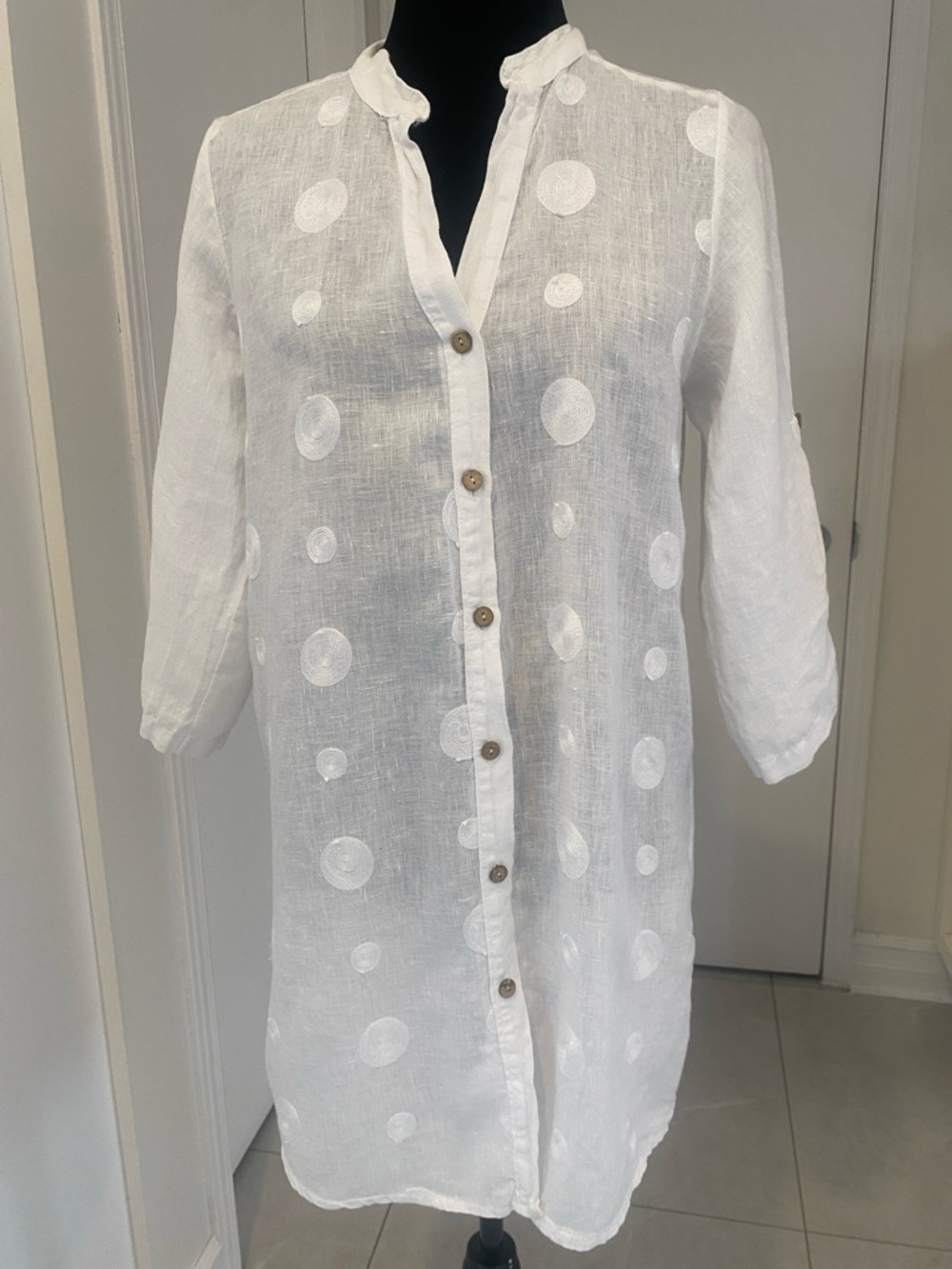 LINEN ROSEMARINE Made in Italy  long White  3/4 Length sleeve Blouse Size Small